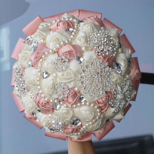 Brooch Wedding Bouquet with Bling Silver Rhinestone Pearl Satin Rose Quinceanera Flower Bouquet Blush Pink and Ivory Bridal Wedding Bouquet for Bride Bridesmaid 7.1in - color: Blush & Ivory, size: Diameter: 7.1 inches