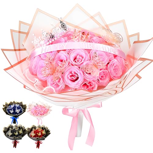 Thiccywoov 36 Pcs Glitter Roses Bouquet Artificial Rose DIY Flower Bouquet Kit Flower Wrapping Paper 3D Butterflies Crowns for Mom Graduation Birthday (Pink) - color: Pink