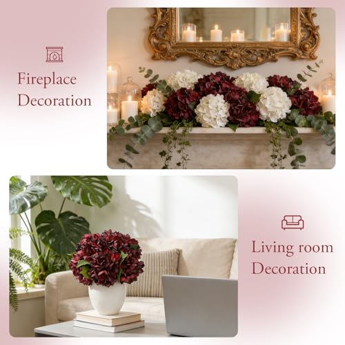 8PCS Lifelike Artificial Silk Hydrangea Flowers, Fake Hydrangea Flowers Bouquet with Stems, Full Faux Hydrangea for Home Decor Wedding Table Party Office Decor(Burgundy1) - color: Small-burgundy