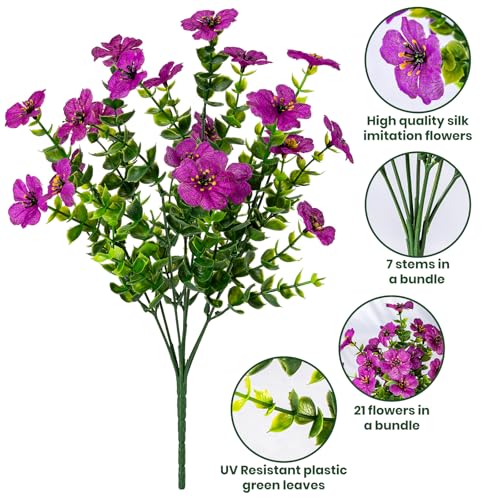 Lnoicy 20 Bundles Artificial Flowers for Outdoor Fake Plants for Spring Decoration,Faux Eucalyptus Flowers for Planter UV Resistant Lifelike for Home Porch Garden（Fuchsia） - color: Fuchsia