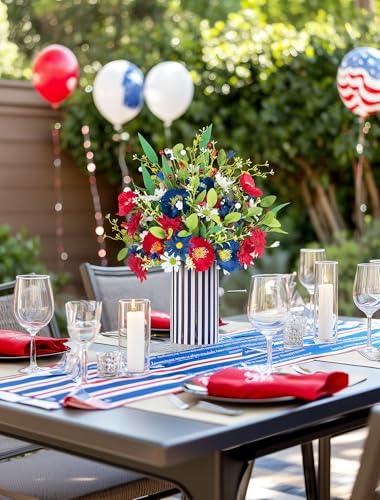 BLOSMON Red White and Blue Flowers: 4 Bundles Fake Flowers 4th of July Patriotic Decorations for Table Centerpieces - USA 250 Anniversary Artificial Bouquet Home Memorial Day Decor (Vase Not Included)