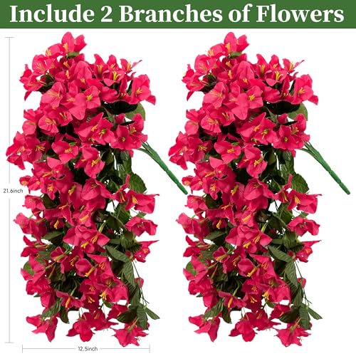 Artificial Bougainvillea Hanging Flowers Plants - 2 PCS faux Bougainvillea artificial flowers with Long Trailing Vines for Outdoor Decoration, Perfect for Porch, Garden, Urn Patio Balcony (Rose Red) - color: Rose Red