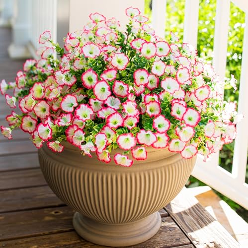 HyeFlora Artificial Faux Outdoor Flowers Plants for Spring Summer Decoration, 12 Bundles Silk Outside Morning Glory UV Resistant Realistic Fake Flowers for Planter Front Door Patio Yard Window Porch - color: Pink