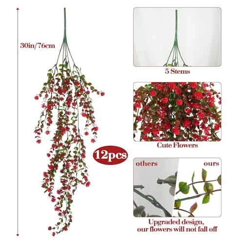 12 Pcs Red Hanging Flowers Artificial Hanging Plants Faux Eucalyptus Greenery Trailing Vines UV Resistant Plastic Plants for Indoor Outdoor Wall Garden Front Porch Home Decor - color: Red-12pcs