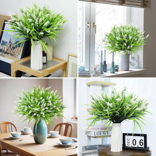Ouddy Decor 24 Bundles Artificial Flowers for Outdoors, Fake Lavender Flowers Monkey Grass Faux Plastic Plants Shrubs UV Resistant for Porch Garden Window Box Office Home Decorations, White - color: White