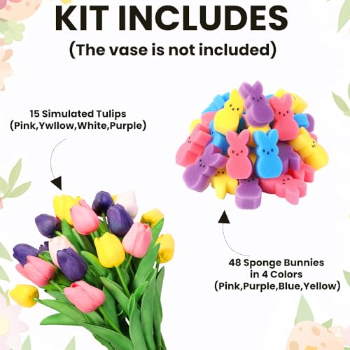 JOICEE Easter Decorations, 15pcs Artificial Tulips with 48pcs Sponge Bunnies Vase Filler Set Fake Tulips Flowers for Easter Decor Spring Home Kitchen Table Centerpieces Decoration