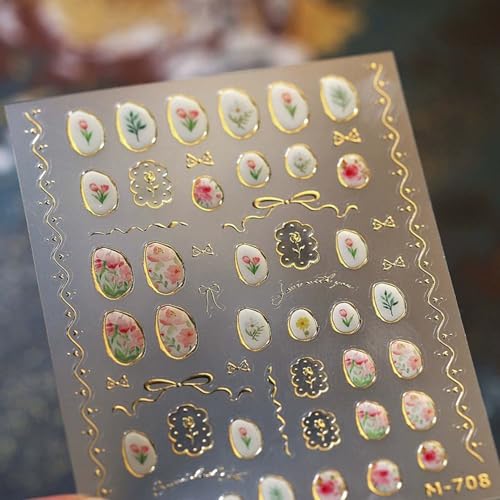 Flower Nail Art Stickers - 5D Bronzing Tulip Design Nail Decals 1PCS Embossed Jelly Floral Adhesive Nail Accessories Spring Sparkling Bow Supplies Stickers for Manicure Art - style: Style8-Bronzing Tulip
