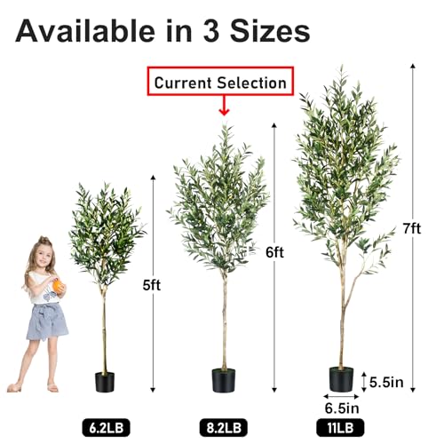 6FT Olive Tree Artificial Indoor - Tall Faux Olive Tree with Wood Trunk and Lifelike Fruits - Fake Plants in Pot for Home Office Living Room Decor - size: 6ft