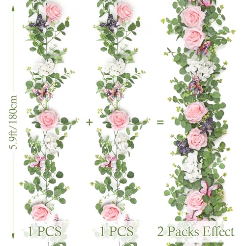 TOCHGREEN 2 Pack 5.9 Ft Artificial Fake Flower Garland Pink Rose Hydrangea Vines with 3D Butterfly Artificial Hanging Floral Greenery Eucalyptus Garland for Wedding Table Party Background Arch Decor - color: Pink