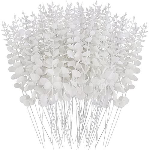 FEQO 72 Pcs White Eucalyptus Stems Artificial Leaves Faux Eucalyptus Stems Branches 15 inch for Wedding Bouquet Home Decor - color: White, size: 72 pcs