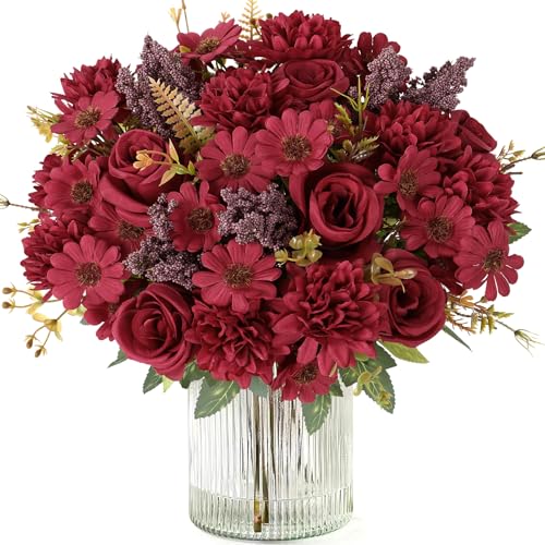 Dremisland Artificial Flowers 4 Bundles Burgundy Fake Roses Silk Bouquets with Daisy Chrysanthemum Artificial Faux Flowers Floral Arrangements for Valentines Day Wedding Table Centerpiece Party Decor - color: Burgundy, size: 4PCS