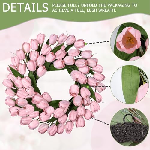 24 Inch Tulip Summer Wreath for Front Door Spring Silk Wreath with Green Leaves Artificial Tulip Flower Wreaths for All Seasons Farmhouse Porch Wall Living Room Home Widding Decor-Pink - color: Pink