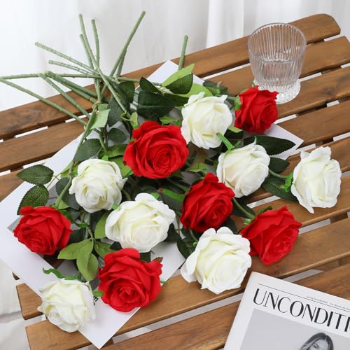 Tifuly Roses Artificial Flowers - 12 pcs Realistic Long Stem Fake Roses Mashup Style Silk Roses for DIY Bouquets Wedding Centerpieces Arrangements Home Party Decor（White & Red） - color: White & Red