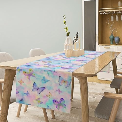 Butterfly Table Runner,Watercolour Purple Dream Butterflies Table Runner for Home Indoor Outdoor Kitchen Holiday Party Wedding Decor 13x36 Inch - color: Butterfly-1, size: 13x36in