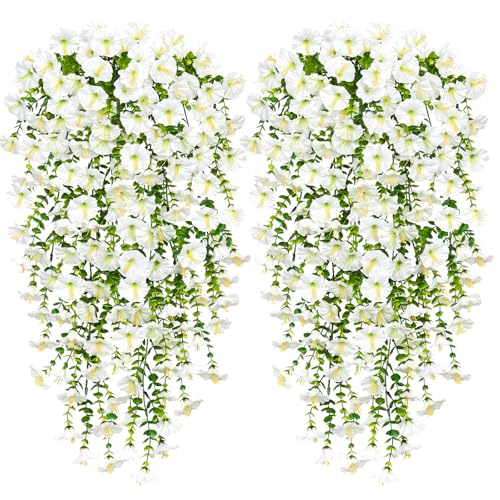 TOCHGREEN Artificial Fake Hanging Flowers Plants for Outdoor Decoration 2PCS Faux Silk Morning Glory Flowers UV Resistant Hanging Plants for Home Porch Patio Garden Planter Decor (White, 2PCS) - color: White, size: 2PCS