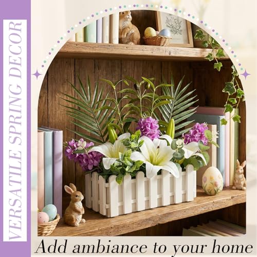 Floral Centerpieces for Tables Spring Flower Table Centerpieces for Dining Room in Picket Fence Pot Artificial Lily and Hyacinth Arrangement with Palm Leaves Eucalyptus for Home Wedding Kitchen Table