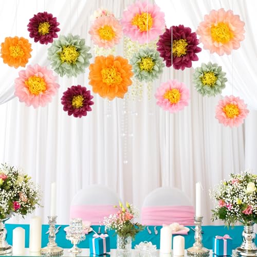 BestoFun 14 PCS Wine Red, Sage Green & Pink Tissue Paper Flowers – Elegant Party Decorations for Wedding, Birthday, Baby Shower, Bridal Shower, and Holiday Events - color: Red Green Pink