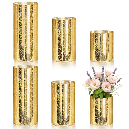 6 Pcs Gold Cylinder Vases for Centerpieces Mercury Vase Hurricane Vase Bulk Acrylic Round Wide Container for Flowers Home Office Wedding Table Decorations (4''/6''/8'') - color: Gold, size: 4''/6''/8''