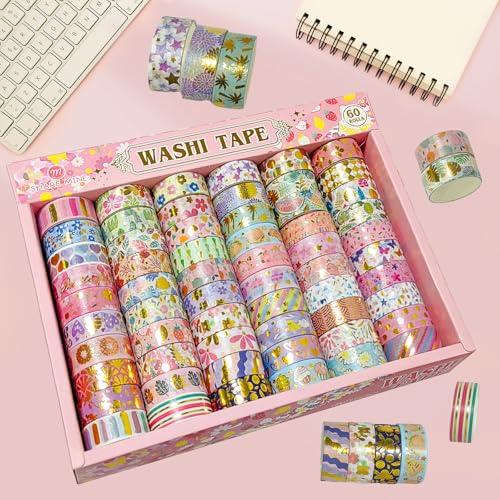 60 Rolls Floral Washi Tape Set,Flower Patterns Decorative Skinny Blooms Masking Tapes with Gold Foil Supplies for Arts,Scrapbook,Planner,DIY Arts and Crafts,Gift Wrapping