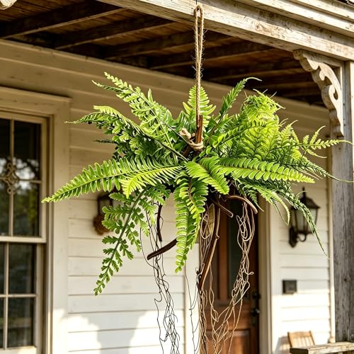 Hrobek 2 Pack Ferns Artificial Hanging Plants for Outdoor Fake Faux Fern Plants with Roots, UV Resistant Greenery Plants for Indoor Home Patio Porch Decor - color: Fern