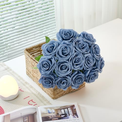 100 Pcs Fake Dusty Blue Roses, Artificial Blue Flowers Bulk Realistic Silk Faux Rose with Long Stems for Wedding Bridal Bouquet Anniversary Floral Arrangement Decor - color: Dustyblue