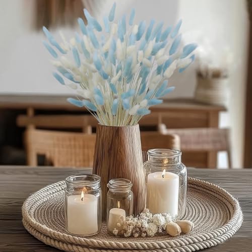 CISDUEO 120pcs Dried Bunny Tails Flowers Lagurus Ovatus Tail Dried Flowers Pampas Grass White and Blue 17" Natural Dried Floral Arrangement for Boho Decor Home Wedding DIY Farmhouse Table Christmas - color: White, Blue