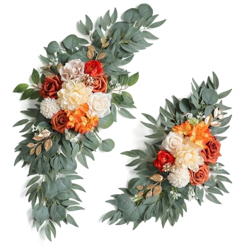 ponatia Wedding Arch Flowers (Pack of 2), Artificial Burnt Orange Wedding Flowers for Wedding Welcome Signs Decorations and Arch Flowers for Wedding Ceremony Reception (Burnt Orange & Ivory) - color: Burnt Orange & Ivory