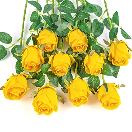 10pcs Artificial Rose Flowers Long Stem Fake Silk Roses for DIY Wedding Bouquet Table Centerpiece Home Decor (Yellow) - color: Yellow