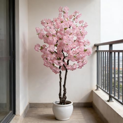 BINCUE Artificial Pink Cherry Blossom Tree Fake Tree Cherry Blossom Decor Fake Flowers Faux Flowering Tree Pink Flowers Floral Artificial Plants for Indoors Outdoors Room Home Decor Gift 6FT - color: Pink-05ap