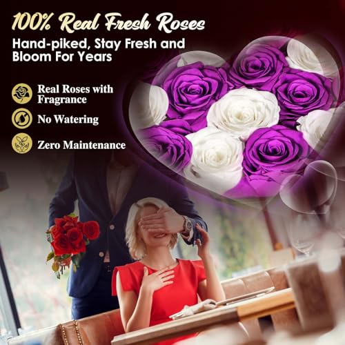 ADDWel Preserved Roses Bouquet for Her Anniversary, Birthday Flower Gifts for Women, 16-Pieces Eternal Roses with Natural Fragrance in Heart-Shape Box for Wife Girlfriend Mom - color: Purple & White - 16 Roses