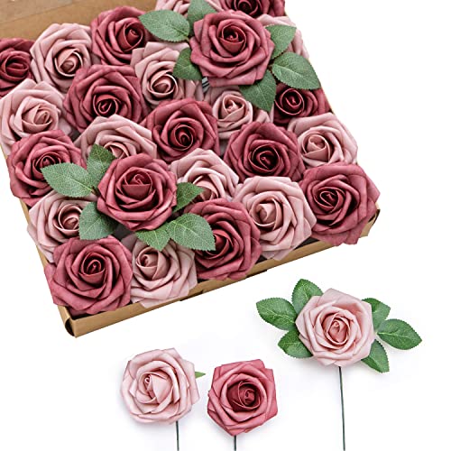 Ling's moment Artificial Roses, Cinnamon Rose & Shabby Pink, 3 Inch 25 Pcs | Foam Material, With Stems, DIY Floral, Wedding Bouquet/Centerpieces, Party/Room/Garden Decor - color: Pk- Cinnamon Rose & Shabby Pink, size: 25Pcs