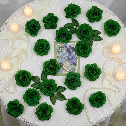 50 Pcs Rose Flower Head, Artificial Flowers Bulk for DIY Crafts, 3in Fake Rose Silk Flower Head wit Stem, Faux Flowers for Decoration, Wedding Home Party Decor Garland Decor (50, Dark Green) - color: Dark Green
