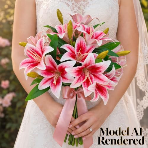 ATFL Artificial Lilies Flowers,9 Pcs Faux Lily Flowers,16''Tiger Lily Branches with 2 Full Blooms and 1 Bud,Faux Fake Lilies Plants for Wedding Bouquet Floral Arrangements (9, deep Pink) - color: Deep Pink