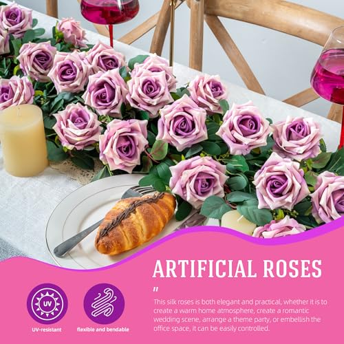 Ttranewsoo Fake Roses Faux Flowers Silk Roses Artificial Roses with Stems Realistic Artificial Flowers 12PCS Suitable for Indoor Home Decoration DIY Bouquet Wedding Decor Party Decor Purple,16.5In - color: Purple 12pcs