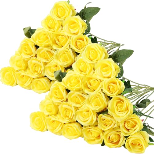 Hotop 40 Pcs Rose Artificial Flowers Bulk with Long Stem,Realistic Silk Fake Roses Bouquet for Home Wedding Centerpieces Party Table Decoration Valentines Gifts(Yellow) - color: Yellow