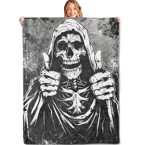 Gothic Thumbs up Skull Throw Blanket,40x50in,Soft,Lightweight Flannel,Cool Skeleton Black White Blankets - Gifts for Adult,for Couch Office Travel,Home Living Room Halloween Goth Decor - color: Horror 03, size: 40x50in
