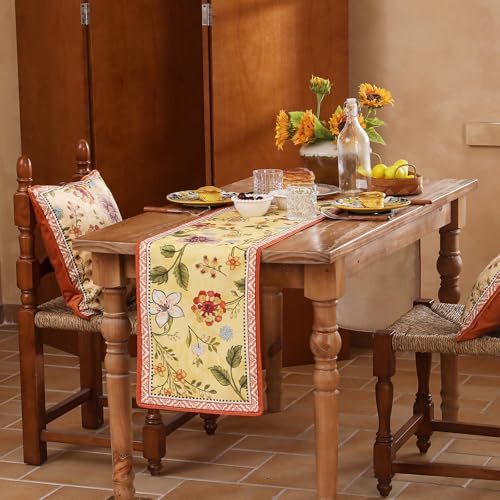 bilin gaier Linen Floral Yellow and Orange Table Runner 118 Inches Long,Wrinkle-Resistant Rustic Farmhouse Decor,Decor Luxury Vintage Runner Table Cloth for Coffee & Dining Table,12"x118"-Bellano - color: Bellano, size: 12"*118"