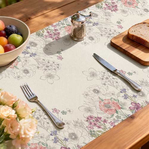 Larponder Summer Colorful Flowers Table Runner, 13x108 Inch | Table Decoration for Spring Seasonal Anniversary Holiday Kitchen Dinning Table Home Party Decor - color: Sketch Flowers-3, size: 13" x 108" (Rectangular)