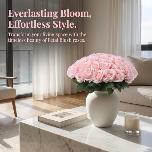52pcs Blush Pink Roses Artificial Flowers Ivory Fake Flowers Silk Roses with Stems for DIY Wedding Bouquets Bridal Shower Centerpieces Arrangements Party Home Decorations - color: Blush Pink