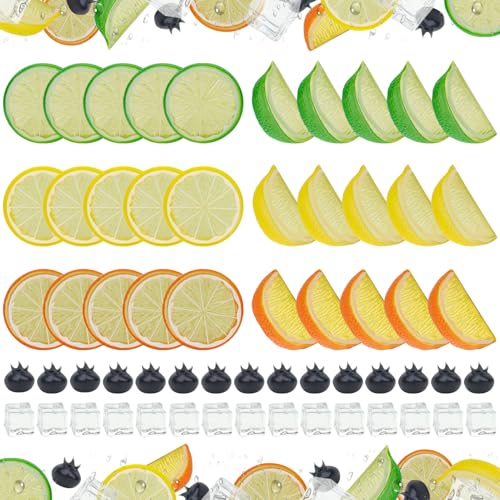 Woration 60pcs Artificial Lime Lemon Blocks Slices Fake Plastic Faux Blueberries Fruit Ice Cub Summer Decoration Food Prop for Vase Fillers Party Kitchen Ornament - color: Artificial Fruit & Ice Cubes Set - 5