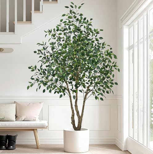 Artificial Ficus Tree 6.5FT with 1900 Leaves & White Planter Realistic Tall Large Fake Faux Tropical Silk Lifelike Plant 78 Inch for Indoor Home Office Store Corner Decor Housewarming Gifts