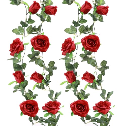 Felice Arts 2 Pack Red Artificial Rose Garland, Each 6.5FT Fake Flower Hanging Vines for Wedding Table Teepee Mirror Home Party Decor - color: Burgundy