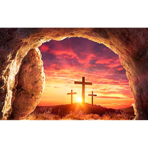 Empty Tomb Backdrop Sunrise Sunset Jesus Christ Crucifixion Resurrection Cave Photography Background Hole Holy Lights Easter Background Three Crosses Christianity Jesus Christ Backgrounds 5x3ft - color: Orange_Red, size: 5x3ft