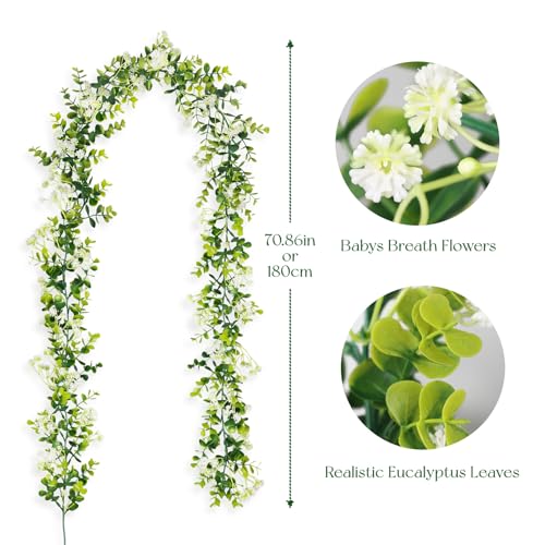 6FT Eucalyptus Garland with Flowers, 8 Pack Artificial Greenery Garland Hanging Faux Eucalyptus Garland Suitable for Table Wedding Backdrop Arch Wall Party UV Protected Indoor Outdoor Decor - size: 8 Pack