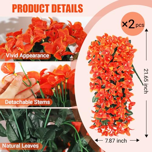 Faux Bougainvillea Artificial Fall Flowers for Outdoors, 2 Pcs Fake Fall Flowers Artificial for Decoration, Artificial Hanging Flowers UV Resistant Silk Flowers for Outside Planter Porch Patio