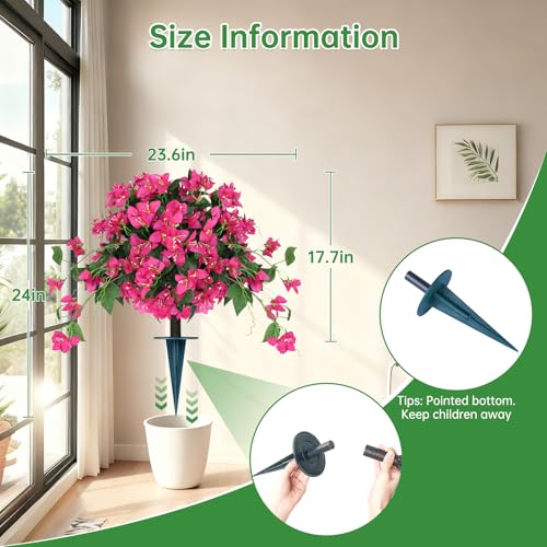 Artificial Bougainvillea Topiary Trees Set of 2, Pink Fake Shrubs Bushes with Ground Spike, Faux Evergreen for Porch Plants, UV Resistant Artificial Flowers for Outdoors Indoor Front Garden - color: Bougainvillea
