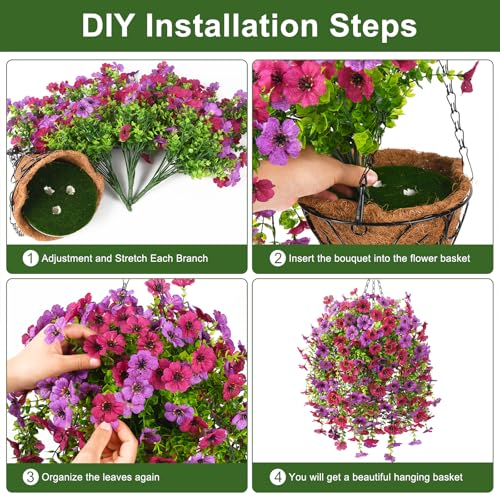 INQCMY Artificial Hanging Flowers with Basket for Spring Outdoor Decoration 3 Bunches of Silk Daisy Flower Uv Resistant for Garden Porch Patio Balcony Yard Decor (Purple Red) - color: Purple Red