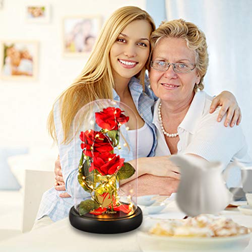 Beauty and The Beast Rose, Classic Red Rose with LED Lights and Falling Petals, Gifts for Women, Birthday Gifts for Women, Light Up Rose in Glass Dome, Valentine's Day Gifts for her - color: Classic Red