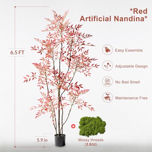 Tall Artificial Nandina Trees Large Faux Plastic Silk Plants Indoor Outdoor Realistic Floor Plant Potted Fake Bamboo Tree for Home Living Room Office Front Porch Patio decoracion Housewarming Gift - color: Red, size: 6ft 7in