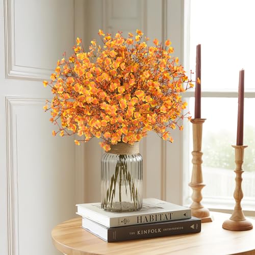 N&T NIETING 6Pcs Babys Breath Artificial Flowers,Real Touch Fake Orange Fall Flowers Faux Flowers Bouquets for Vase Home Office Wedding Autumn Winter Indoor Outdoor Centerpiece Table Decorations - color: Orange, size: 6PCS